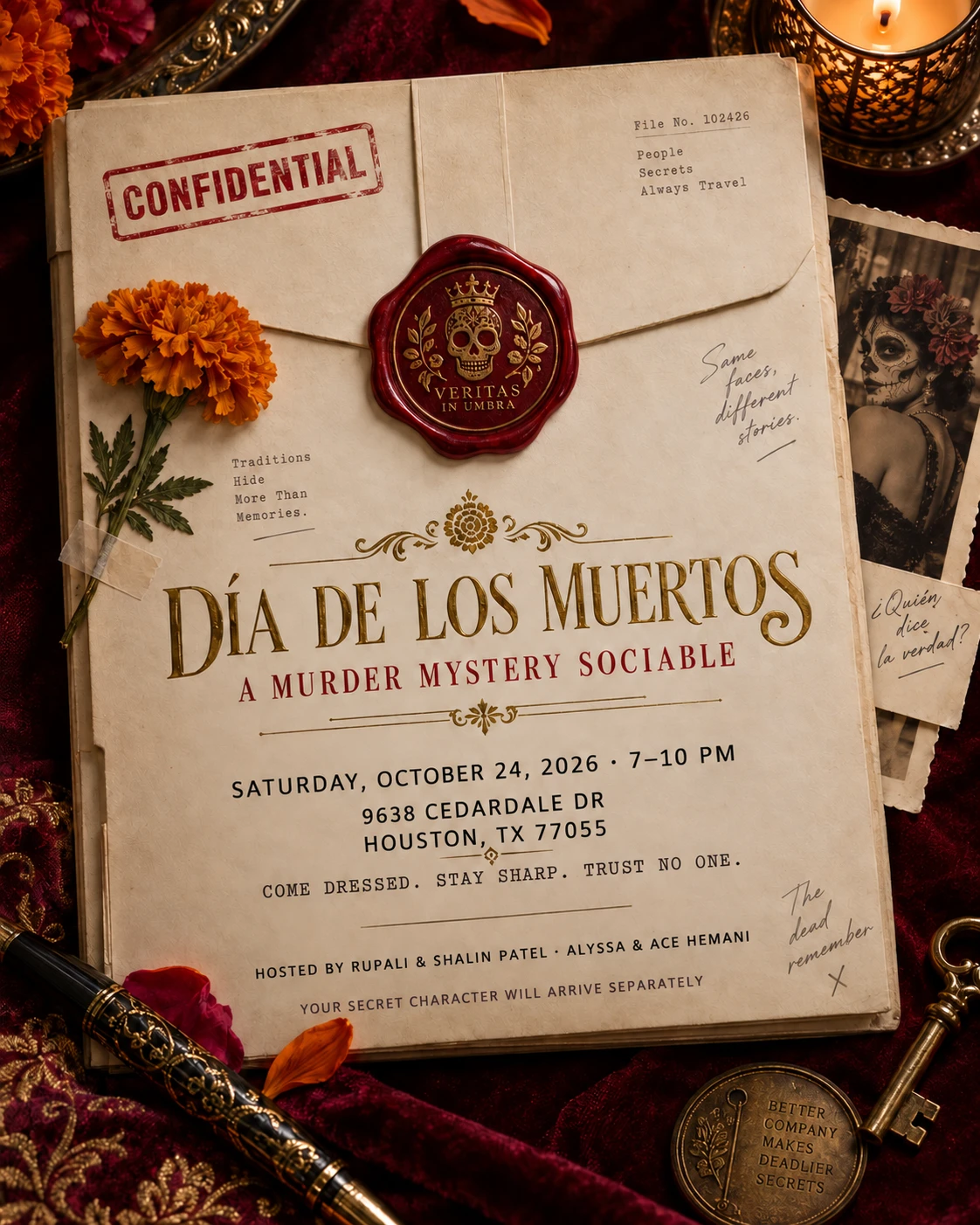 Secret Society Dossier invitation with the full event address