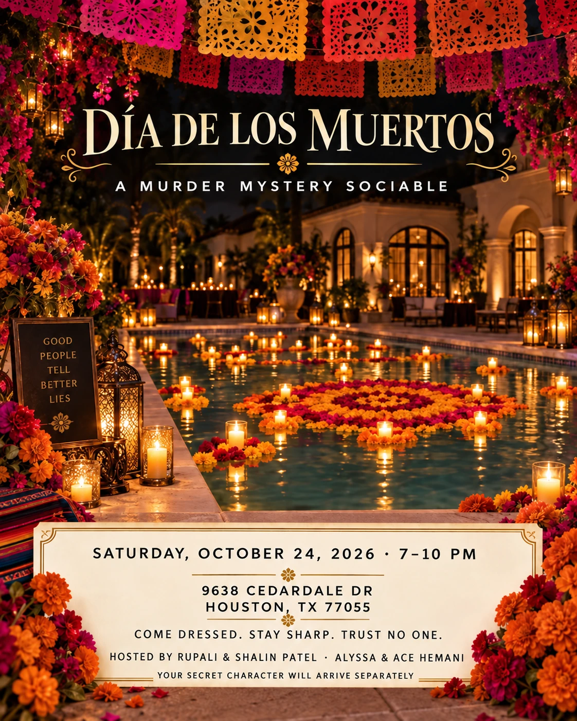 Midnight Papel Picado invitation with the full event address